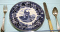 Transferware commemorative plate showing Hartford Civil War memorial by Josiah Wedgwood & Sons of Staffordshire, England flanked by CT-made silverware at Connecticut Historical Society. Hartford, CT.