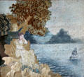 Embroidered image of woman watching ship depart at Strong House. Windsor, CT.