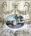 Embroidered picture of village with women finding baby in basket at Oliver Ellsworth Homestead Museum. Windsor, CT.