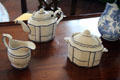 Embossed ceramic tea pot, sugar & creamer at Joseph Webb House. Wethersfield, CT.