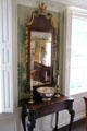 Mirror over side table & silver bowl at Joseph Webb House. Wethersfield, CT.