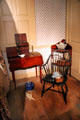 Table, armchair & washstand in bedroom at Isaac Stevens House. Wethersfield, CT.