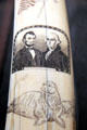 Walrus ivory scrimshaw with portraits of Lincoln & Washington at Mystic Seaport art museum. Mystic, CT.