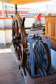 Ships wheel of three-masted tall ship Joseph Conrad at Mystic Seaport. Mystic, CT.