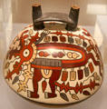 Nazca ceramic double-spout-&-bridge bottle painted with fearsome creature from Peru at Dumbarton Oaks Museum. Washington, DC