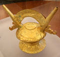 Lambayeque gold double-spout & bridge bottle from Peru at Dumbarton Oaks Museum. Washington, DC.