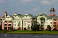 Fanciful residential buildings across Village Lake from Downtown Disney. Disney World, FL.