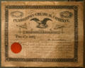 Stock certificate of Pemberton Chemical Company, originator of Coke, at Coca-Cola Museum. Atlanta, GA.