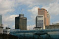 Skyline of downtown Atlanta above Whale mural of Underground city. Atlanta, GA.