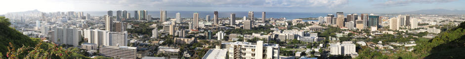Panorama of Waikiki through downtown Honolulu from rim of Punchbowl Crater.