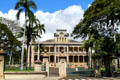 'lolani Palace sits on a major fenced square. Honolulu, HI.