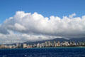 Skyline of Waikiki from Hilton Village through to Kapi''olani Park from sea. Waikiki, HI.