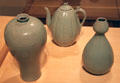 Korean Koryō dynasty stoneware vases & ewer with celadon glaze at Honolulu Academy of Arts. Honolulu, HI.