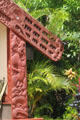 Carvings on Aotearoa-Maori meeting house from New Zealand at Polynesian Cultural Center. Laie, HI.