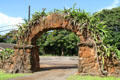 Stone entrance arch of Liliuokalani Protestant Church. Haleiwa, HI.