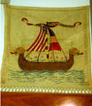 Embroidered Viking ship on flour sack to thank America for World War I food relief to Belgium. West Branch, IA.