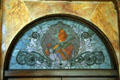 Stained glass window of woman playing violin over entrance of Auditorium Building. Chicago, IL.