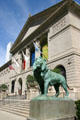 Lion sculpture stands before Art Institute of Chicago. Chicago, IL