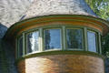 Detail of rounded front tower of Walter M. Gale House. Oak Park, IL.