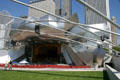 Gehry's headdress of brushed stainless steel ribbons frames the stage of Pritzker Pavilion in Millennium Park. Chicago, IL.