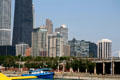 Skyline of Chicago from Navy Pier with black John Hancock Building. Chicago, IL.