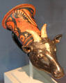 Greek terracotta red figure Rhyton in shape of sheep's head from Apulia, Italy at Art Institute of Chicago. Chicago, IL.