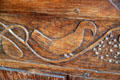 Bird carved on door of lit-clos cabinet bed in Old French House. Vincennes, IN.