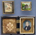 William Henry Harrison log cabin campaign pins plus miniature portrait of candidate Harrison at Grouseland. Vincennes, IN.