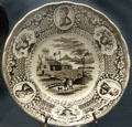 Campaign log cabin plate ringed by W.H. Harrison portraits at Grouseland. Vincennes, IN.