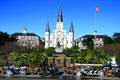 Overview of Jackson Square with Cabildo, St. Louis Cathedral, Presbytère & Andrew Jackson statue. New Orleans, LA.