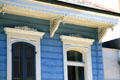 Details of brackets on blue shotgun house. New Orleans, LA.