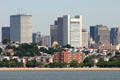 Skyline with One Financial Center , white ladder-like Federal Reserve Bank Building. Boston, MA.