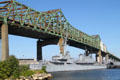 Charles S Braga Bridge above destroyer USS Joseph P. Kennedy Jr. at Battleship Cove. Fall River, MA.