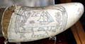 Scrimshaw by Jayme Fortes stippled with whaling schooner John R. Manta of Provincetown at New Bedford Whaling Museum. New Bedford, MA.