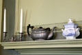 Pewter teapot & candle sticks in Mayflower Society House. Plymouth, MA.