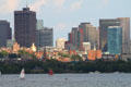 Skyline of downtown Boston with Prudential Tower above gold-domed Statehouse, Beacon Hill & Charles River Basin. Boston, MA.