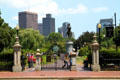 Boston Public Garden fence, George Washington Equestrian Statue & Boston skyline. Boston, MA.