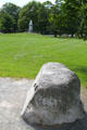 Lexington Green from rock to spire mark line where American rebels deployed to stop British advance to Concord. Lexington, MA.