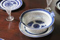 Blue porcelain on dining table of Peirce-Nichols House. Salem, MA.