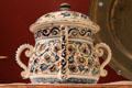 Tin-glazed earthenware posset pot from Bristol, England at Museum of Fine Arts. Boston, MA.