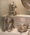 Silver tankards & chafing dish at Museum of Fine Arts. Boston, MA.