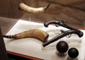 Revolutionary War powder horns & pistols at Concord Museum. Concord, MA.