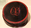 Leather-covered wood canteen painted with initials at Concord Museum. Concord, MA.