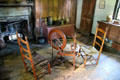 Ladder back chairs & flax wheel at John Balch Museum House. Beverly, MA.
