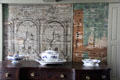 Dining room wallpaper & porcelain serving pieces at Rev. John Hale House. Beverly, MA.