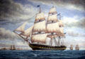 Painting of U.S. Frigate Constitution entering Marblehead Harbor, April 2, 1814, Eluding British Frigates Tenedos & Junon at Abbot Hall. Marblehead, MA.