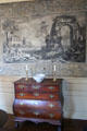 Details of hand-painted English mural wallpaper & chest of drawers with bombé profile at Jeremiah Lee Mansion. Marblehead, MA.