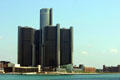 Renaissance Center has four 39-floor towers around a 70-floor central tower plus two 21-floor buildings. Detroit, MI.