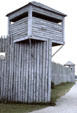 Blockhouse guarding reconstructed French fort of Colonial Michilimackinac later occupied by British. Mackinaw City, MI.
