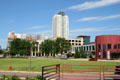 Skyline of Rochester with Broadway Plaza over Mayo Civic Center. Rochester, MN.
